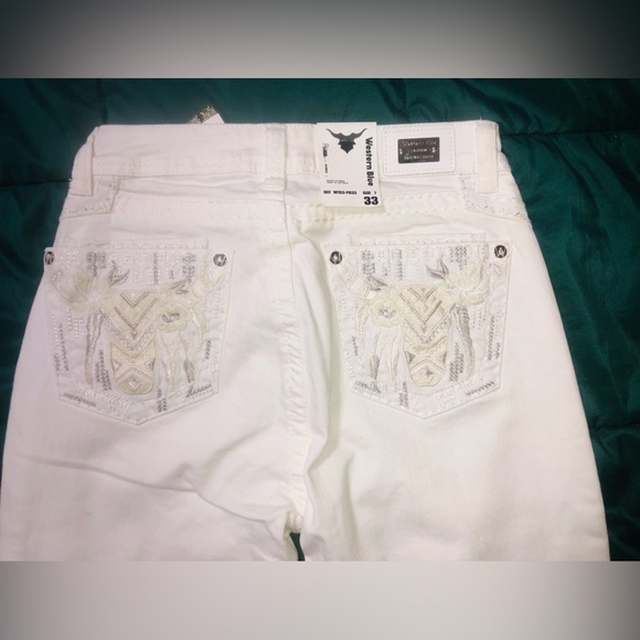 Western Blue Denim White Bootcut Jeans Size 7 33 W/Bull Tag And Horseshoe Charm - Picture 9 of 11